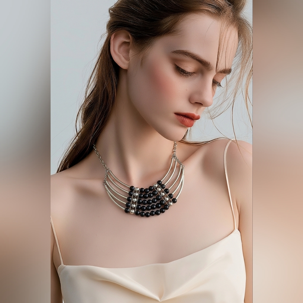 Silver Tone Multi-Layer Statement Necklace Black … - image 1